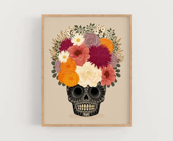 Day Of The Dead Bouquet Art Print, Folk Art