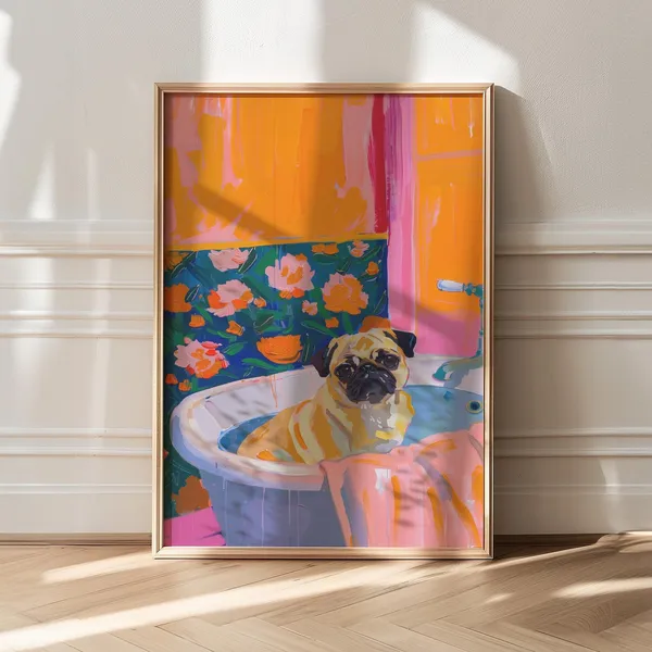 Pug Painting, Maximalist Bathroom Decor Art Print