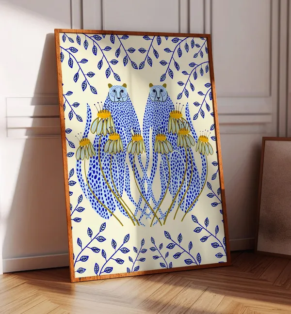 Blue Cheetahs Art Print, Animal Illustration