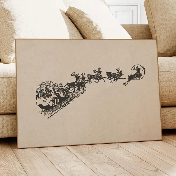 Santa Sleigh Reindeer Vintage Christmas Art Print
