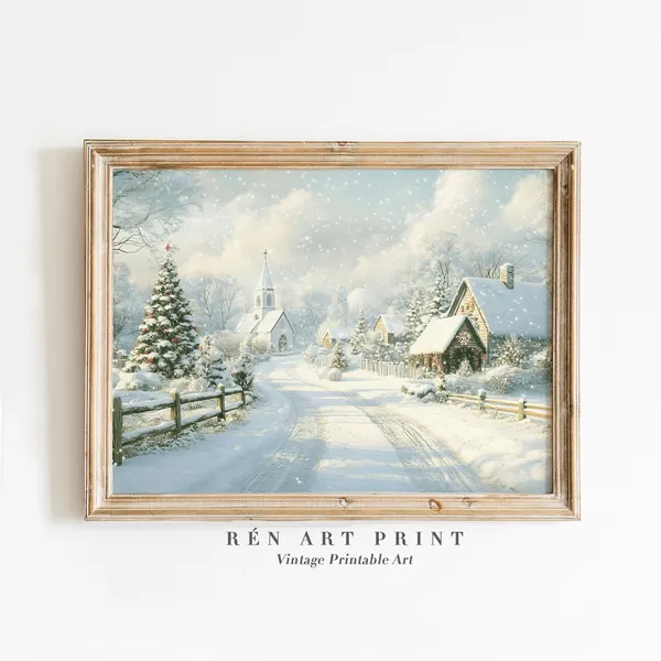 Vintage Christmas Village Art Print, Farmhouse Winter