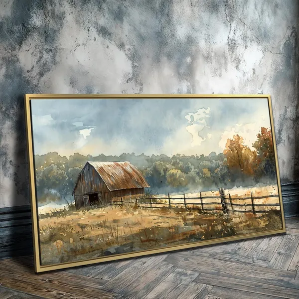 Country Barn in Field Rustic Autumn Landscape Art Print