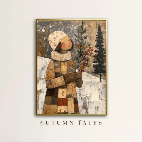 Winter Folk Art Christmas Girl Portrait Art Print
