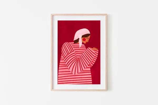 Woman With Red Stripes Line Art Portrait Print