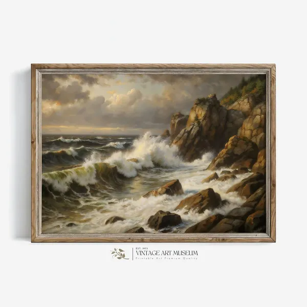 Coastal Ocean Waves Landscape, Vintage Seascape Art Print