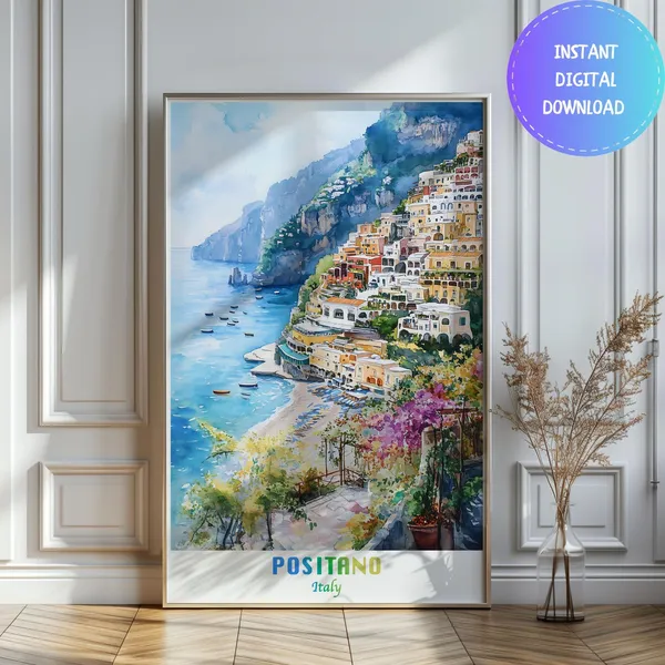 Watercolor Positano Italy Travel Poster, Christmas