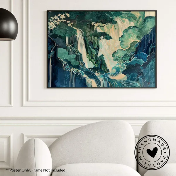 Hokusai Waterfall - Traditional Landscape Art Print