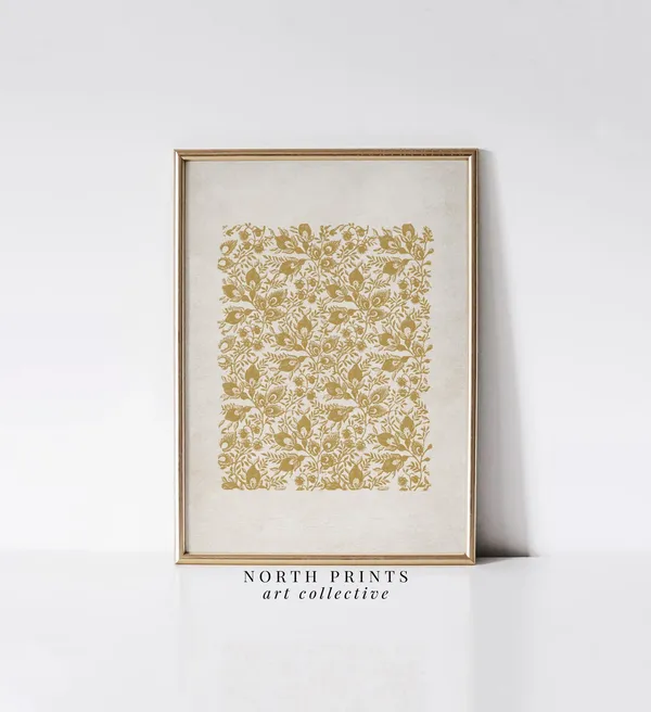 Yellow Botanical Pattern Art Print, Vintage Minimalist