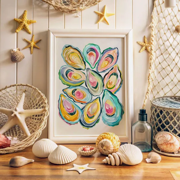 Oyster Shell Painting, Pastel Coastal Beach House