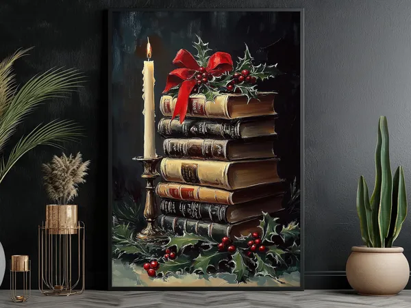 Vintage Christmas Candle and Books Poster Print