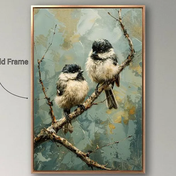 Chickadee Pair on Branch, Winter Nature Poster