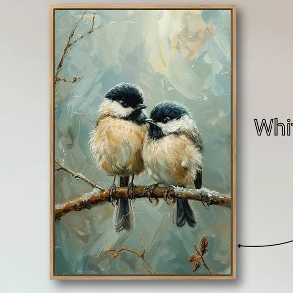 Charming Chickadees on Tree Branch, Winter Bird Art Print
