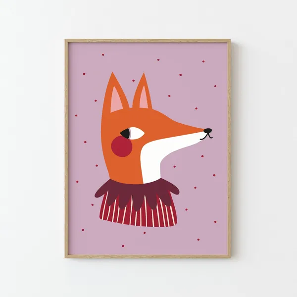 Berry Fox Print Illustration Poster, Kids Room Decor