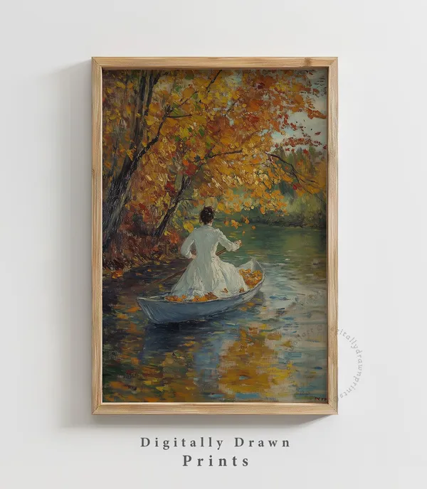 Vintage Autumn Woman in Boat Landscape Art Print