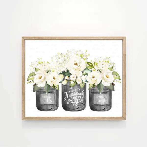 White Floral Bouquet Trio, Bathroom Wall Art Print