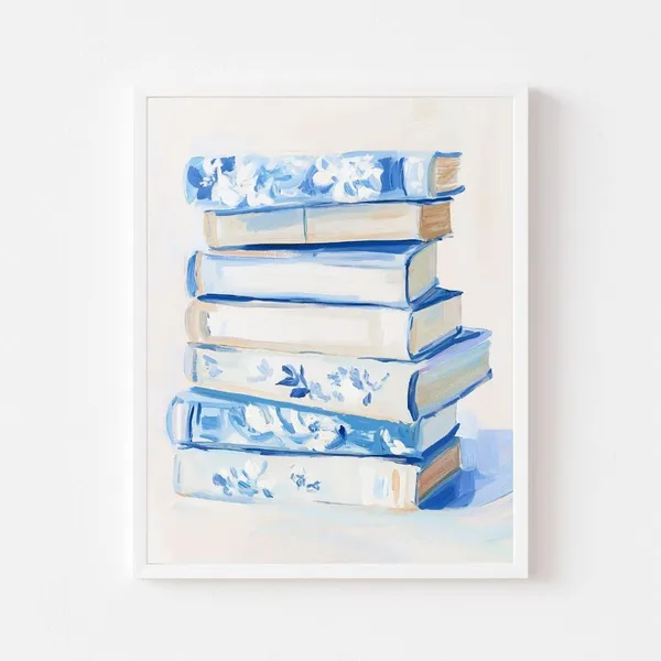 Blue Floral Book Stack, Grandmillennial Art Print