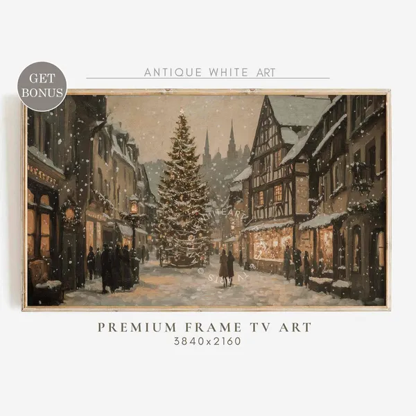 Christmas Tree Frame TV Art, Farmhouse Vintage Town