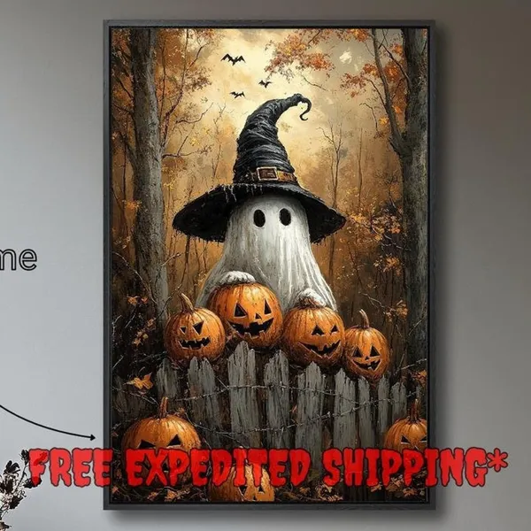 Ghost Wearing Witch Hat Halloween Poster, Rustic Decor