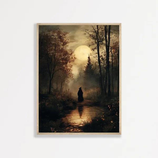 Moon and a Witch, Dark Academia Forest Art Print