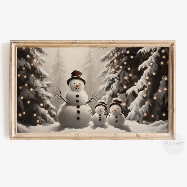 Snowman Family Christmas Tree Painting, Vintage Style