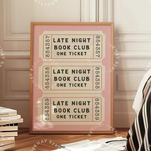 Late Night Book Club Ticket Art Print, Retro Aesthetic