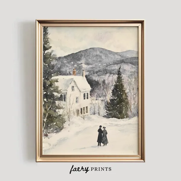 Snowy Cottage Landscape Art Print, Winter Scene