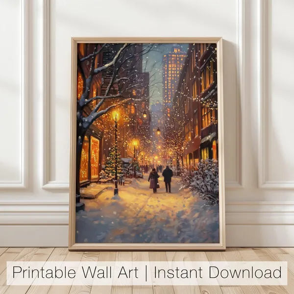Winter City Street Christmas Art Print, Holiday Cityscape
