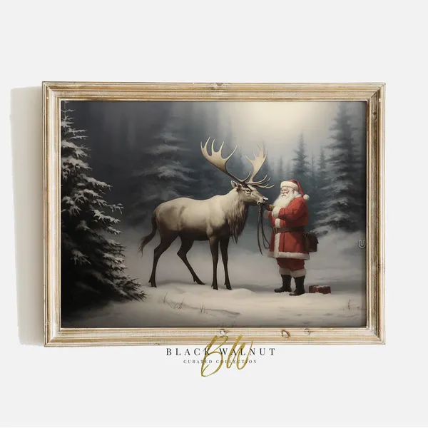Santa Reindeer In Winter Forest, Holiday Poster