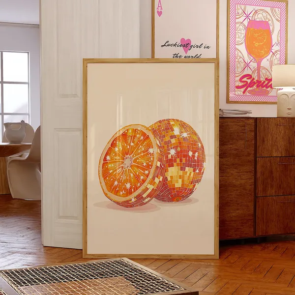 Disco Fruit Print, Glam Orange Poster Art Print