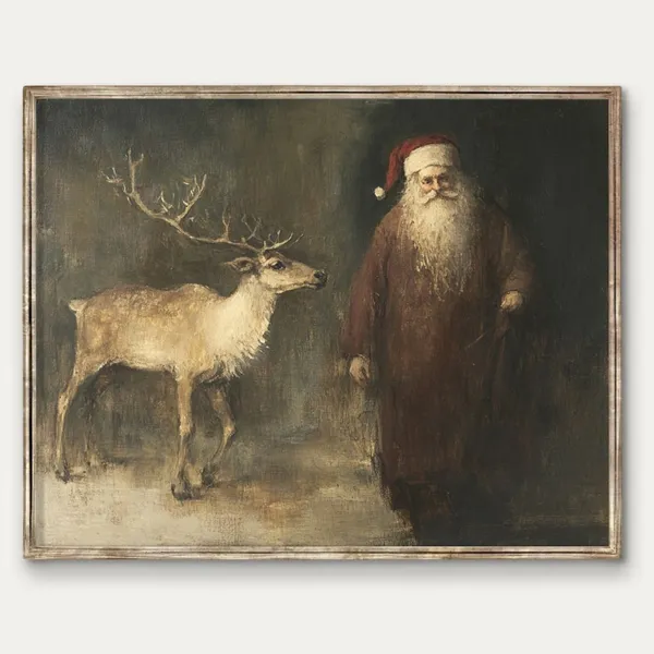 Vintage Santa Claus And Reindeer Art Print, Christmas