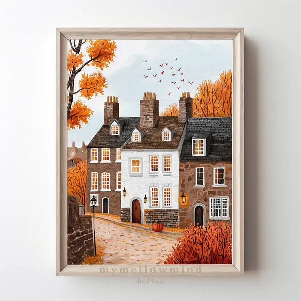 Cozy Street With Pumpkin and Golden Leaves Art Print