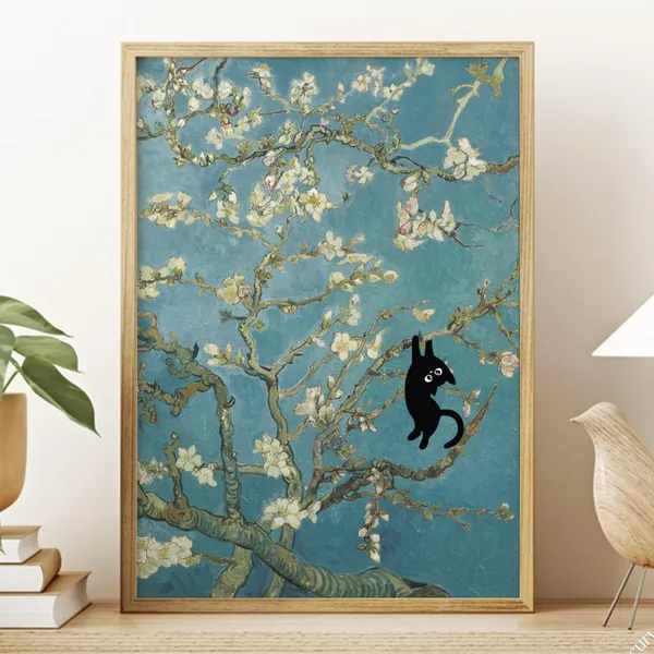 Black Cat in Almond Blossom, Van Gogh-Inspired Art Print