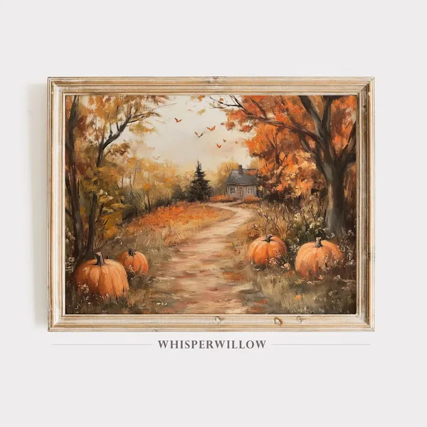 Autumn Pathway With Pumpkins, Fall Art Print