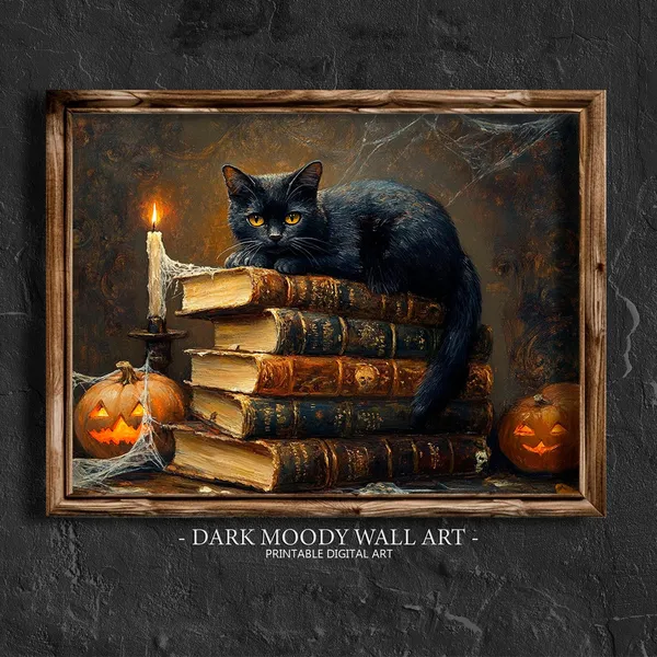 Black Cat Vintage Halloween Art Print, Dark Academia