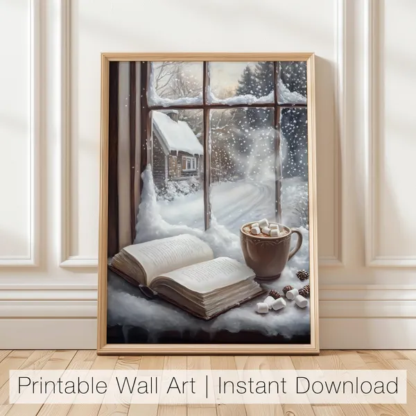 Winter Book Reading Art Print, Cozy Reading Nook