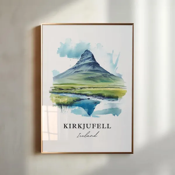 Kirkjufell Watercolor Travel Poster, Iceland