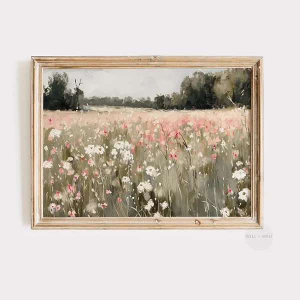 Pink Wildflower Print, Vintage Floral Abstract Art
