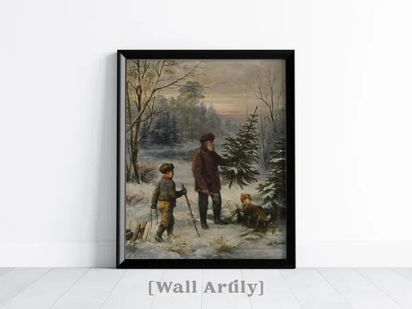 Father And Son Chopping Down A Christmas Tree, Vintage Poster