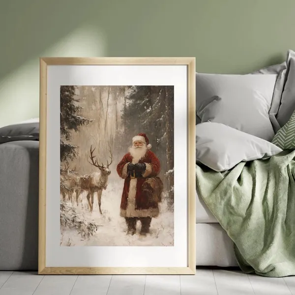 Christmas Santa Claus With Reindeer, Vintage Print