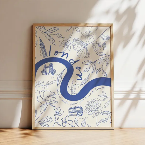 London Travel Map Poster, Retro Floral Minimalist