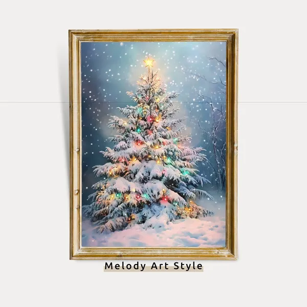 Glowing Christmas Tree in Snow, Holiday Art Print