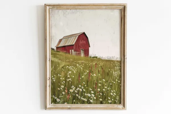 Red Barn Vintage Farmhouse Landscape Art Print