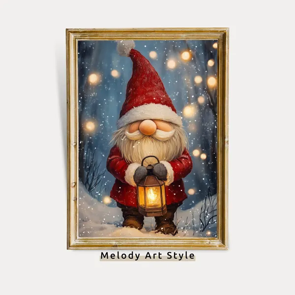 Cute Gnome With Christmas Lantern, Winter Art Print