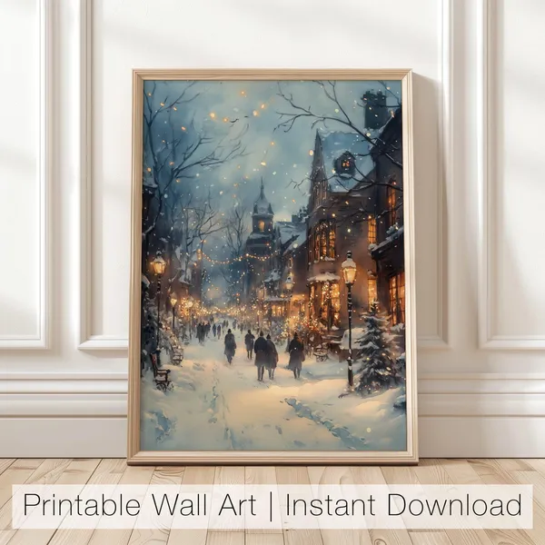 Winter Night Town Art Print, Snowy Street Holiday Decor