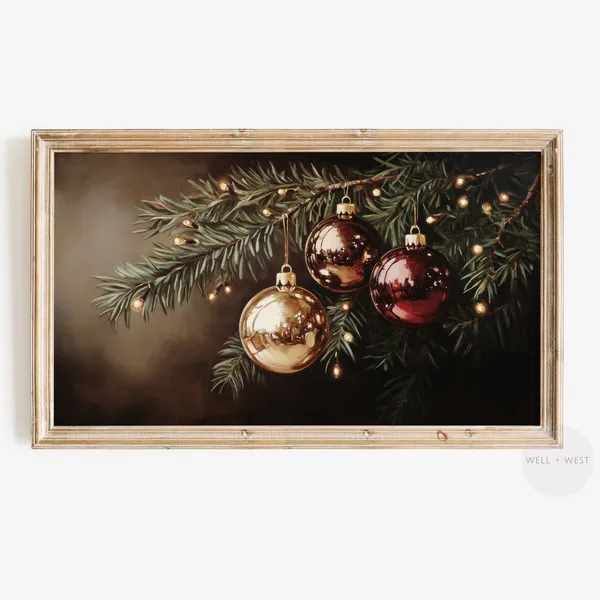 Christmas Tree Ornaments Oil Painting, Vintage Holiday Decor