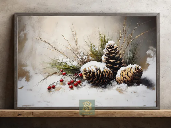Vintage Christmas Pinecone Art Print, Rustic Decor