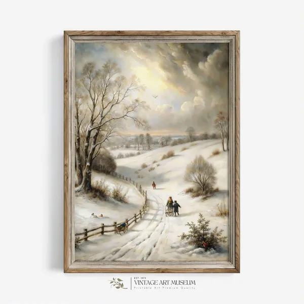 Winter Scene Snowy Road Art Print, Vintage Landscape