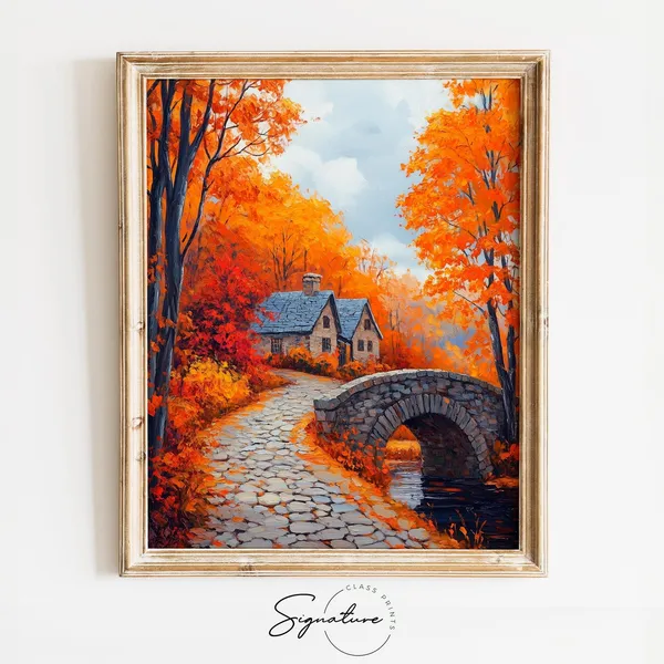 Cobblestone Village Path, Rustic Autumn Landscape Art Print
