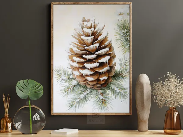 Cottage Pinecone Vintage Christmas Art Print, Winter Decor