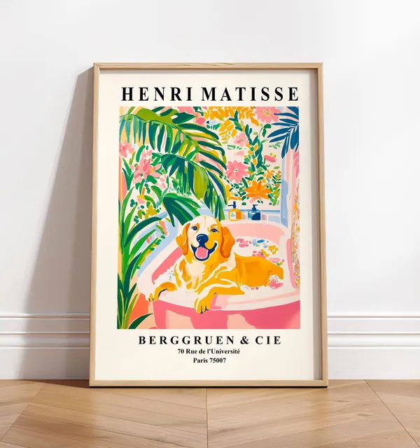 Golden Retriever In Bathtub, Matisse-Inspired Print